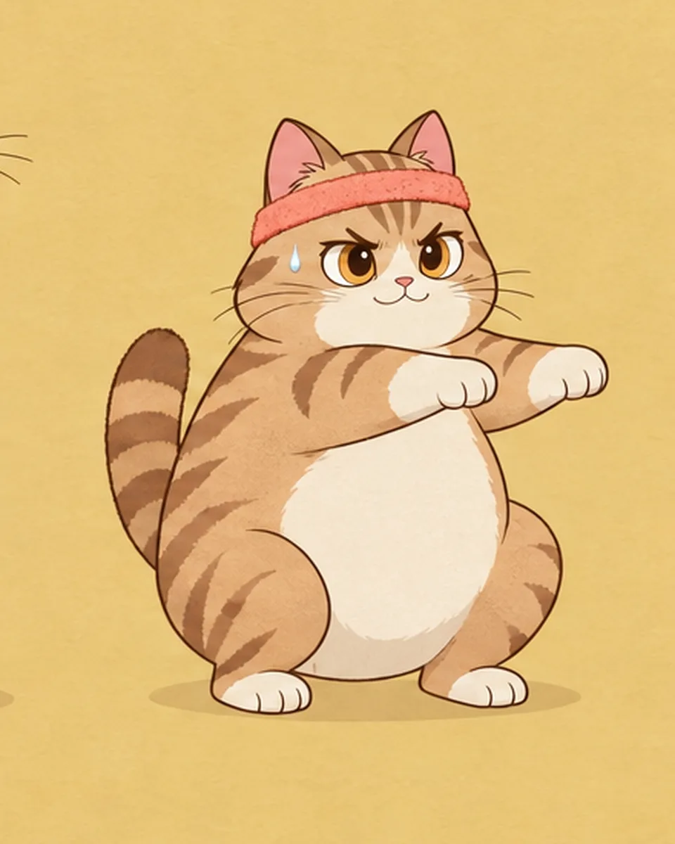 A chubby tabby cat in a sweatband