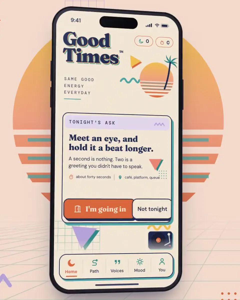 The Good Times app on a phone in front of a retro sunset